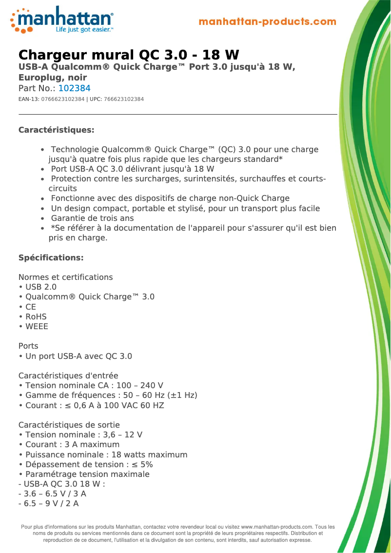 Page 1 de la notice Fiche technique Manhattan 102384
