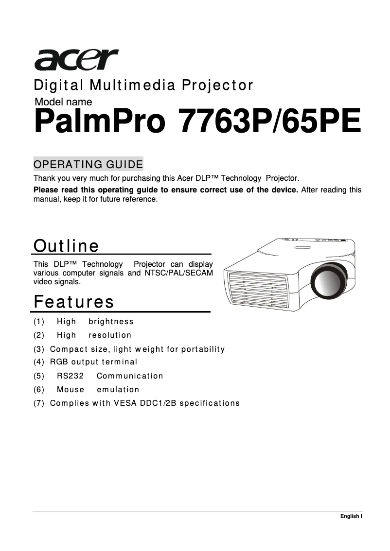 Image de la première page du manuel de l'appareil PalmPro 7765PE