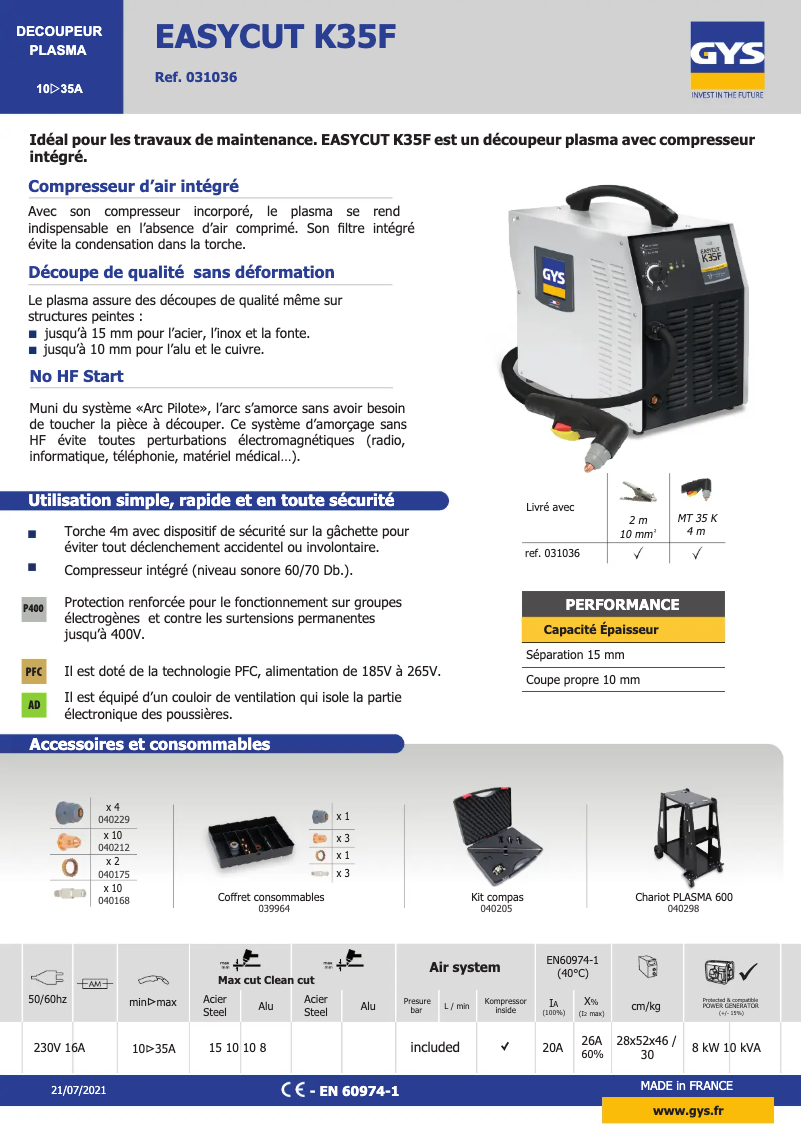 Page n°1 - Fiche technique GYS Easycut K35F