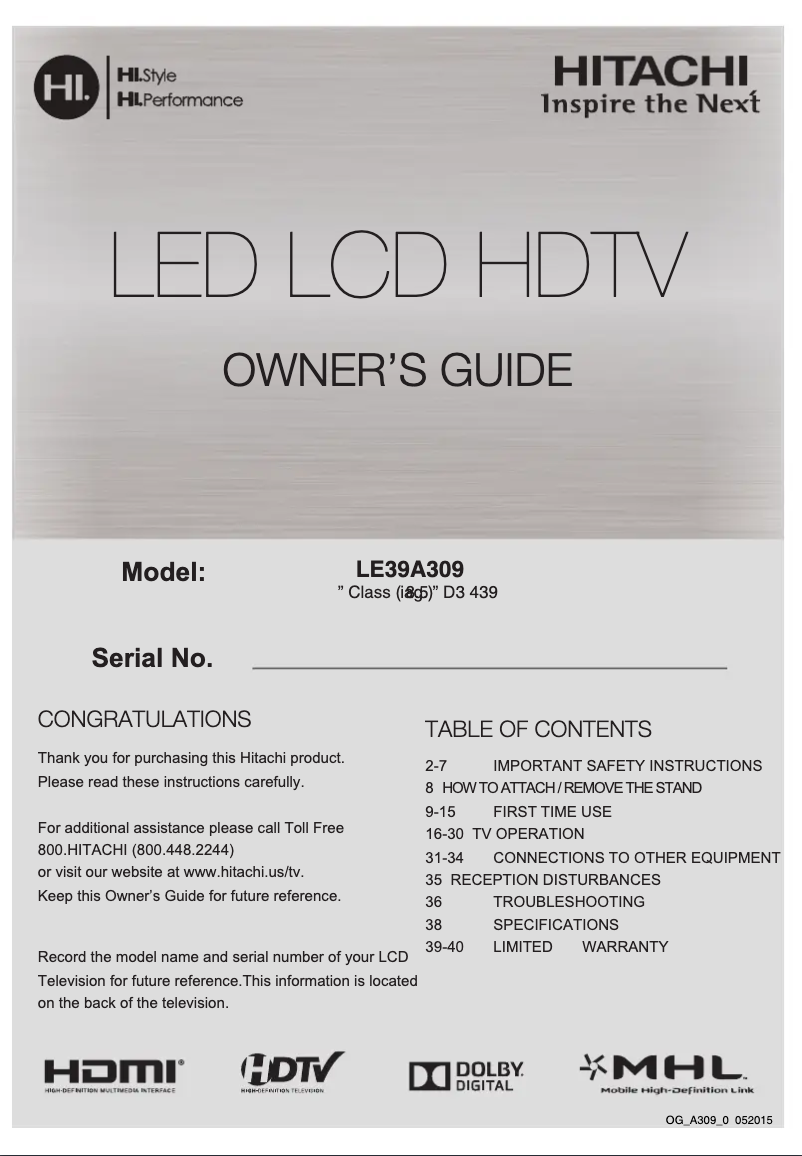 Page 1 de la notice Manuel utilisateur Hitachi LE39A309