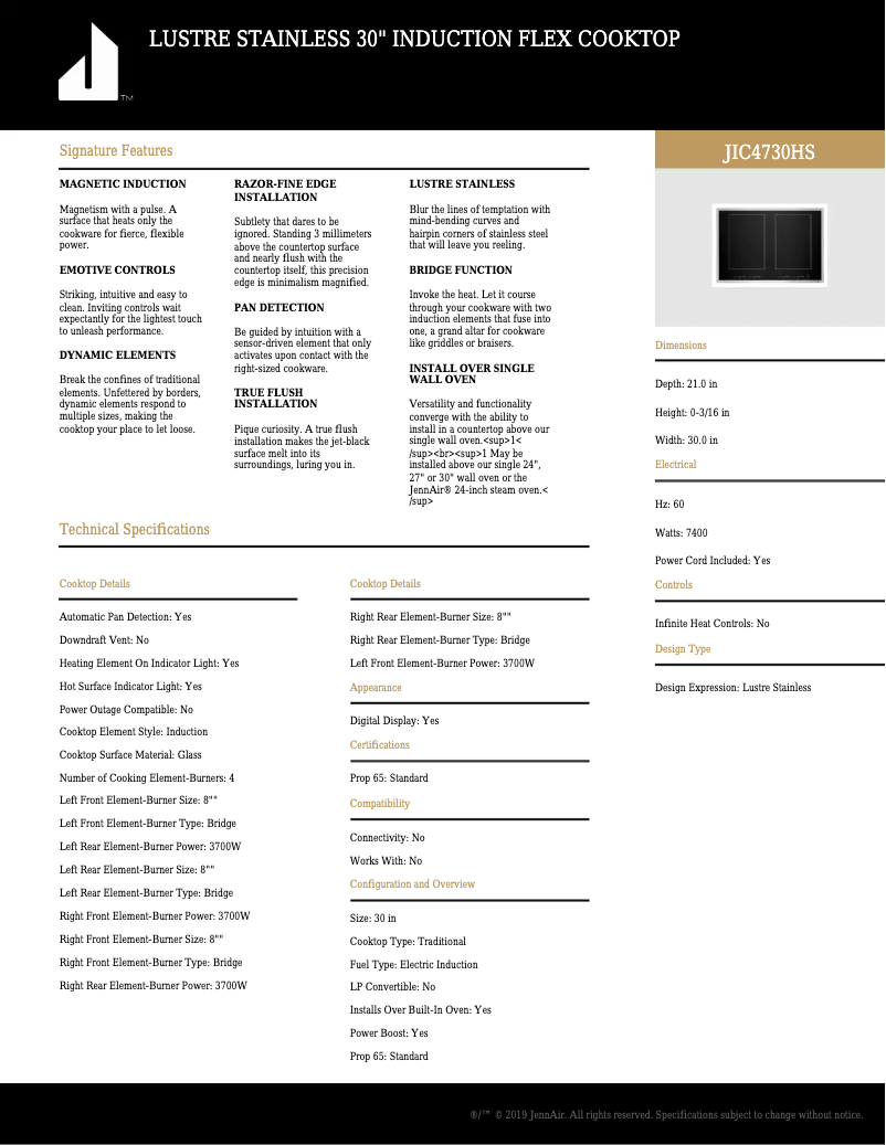 Page 1 de la notice Fiche technique JennAir JIC4730HS