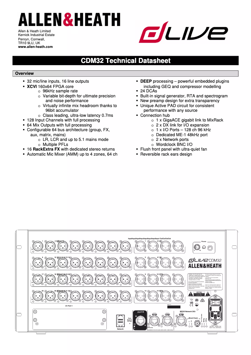 Página 1 del manual Ficha técnica Allen & Heath dLive CDM32