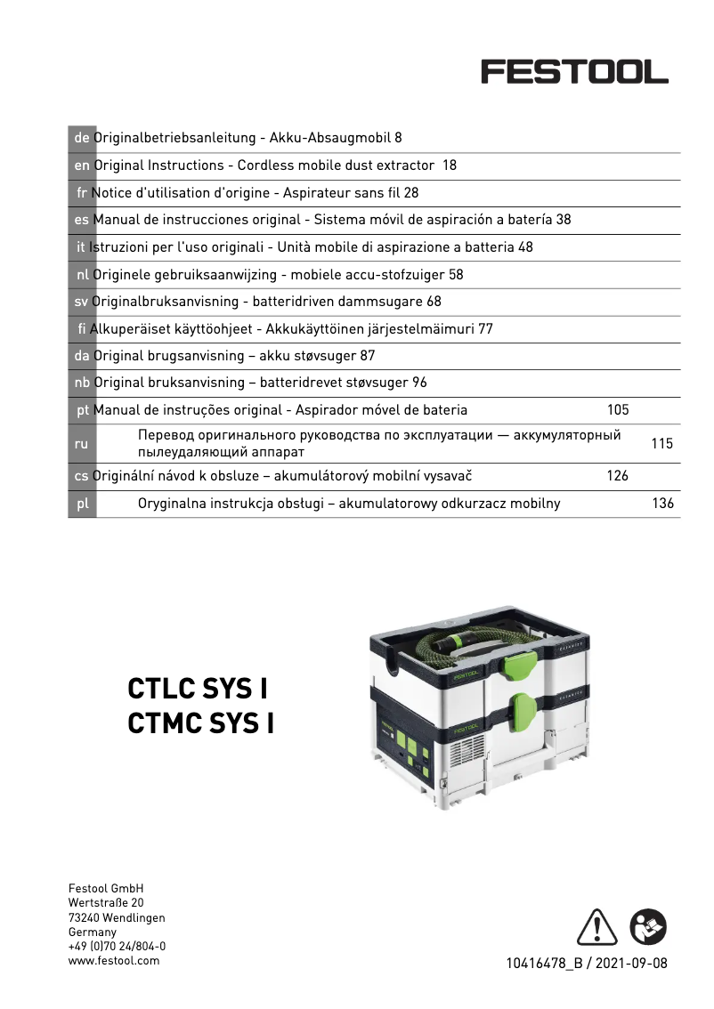 Page 1 de la notice Manuel utilisateur Festool CLEANTEC CTLC SYS I