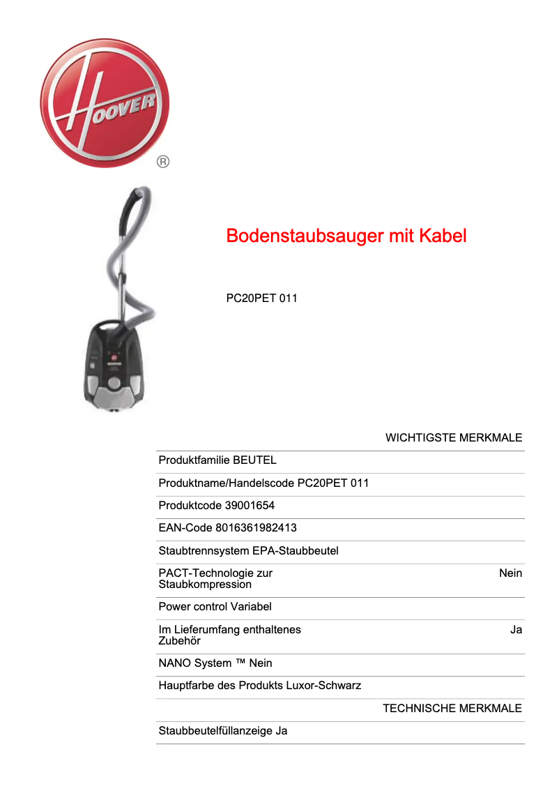 Page 1 de la notice Fiche technique Hoover PC20PET 011