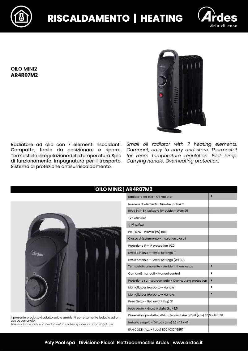 Página 1 del manual Ficha técnica Ardes Oilo MINI2 AR4R07M2