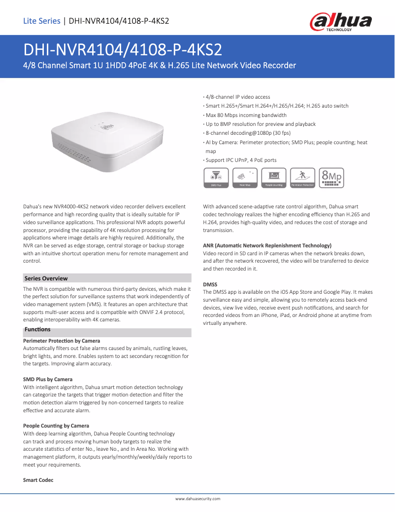 Page n°1 - Fiche technique Dahua Technology NVR4104-P-4KS2