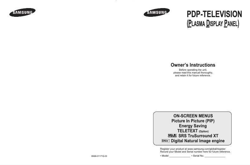 Page 1 de la notice Manuel utilisateur Samsung PS-50Q92H