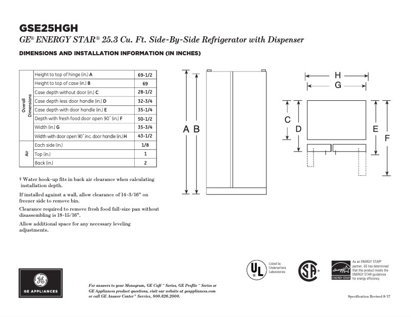 Page 1 de la notice Fiche technique GE GSE25HGHWW