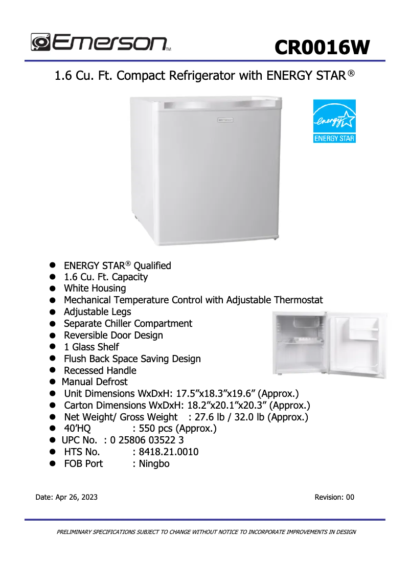 Page 1 de la notice Fiche technique Emerson CR0016W