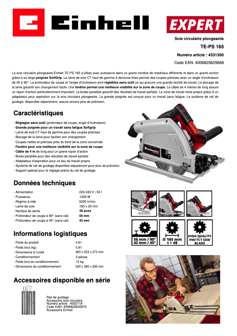 Page 1 de la notice Fiche technique Einhell TE-PS 165