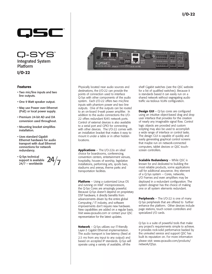 Page 1 de la notice Fiche technique QSC I/O-22