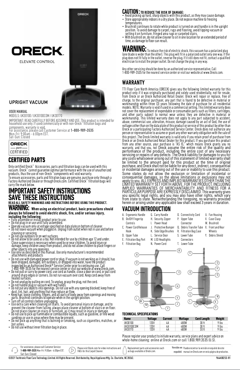 Page 1 de la notice Manuel utilisateur Oreck Elevate Control