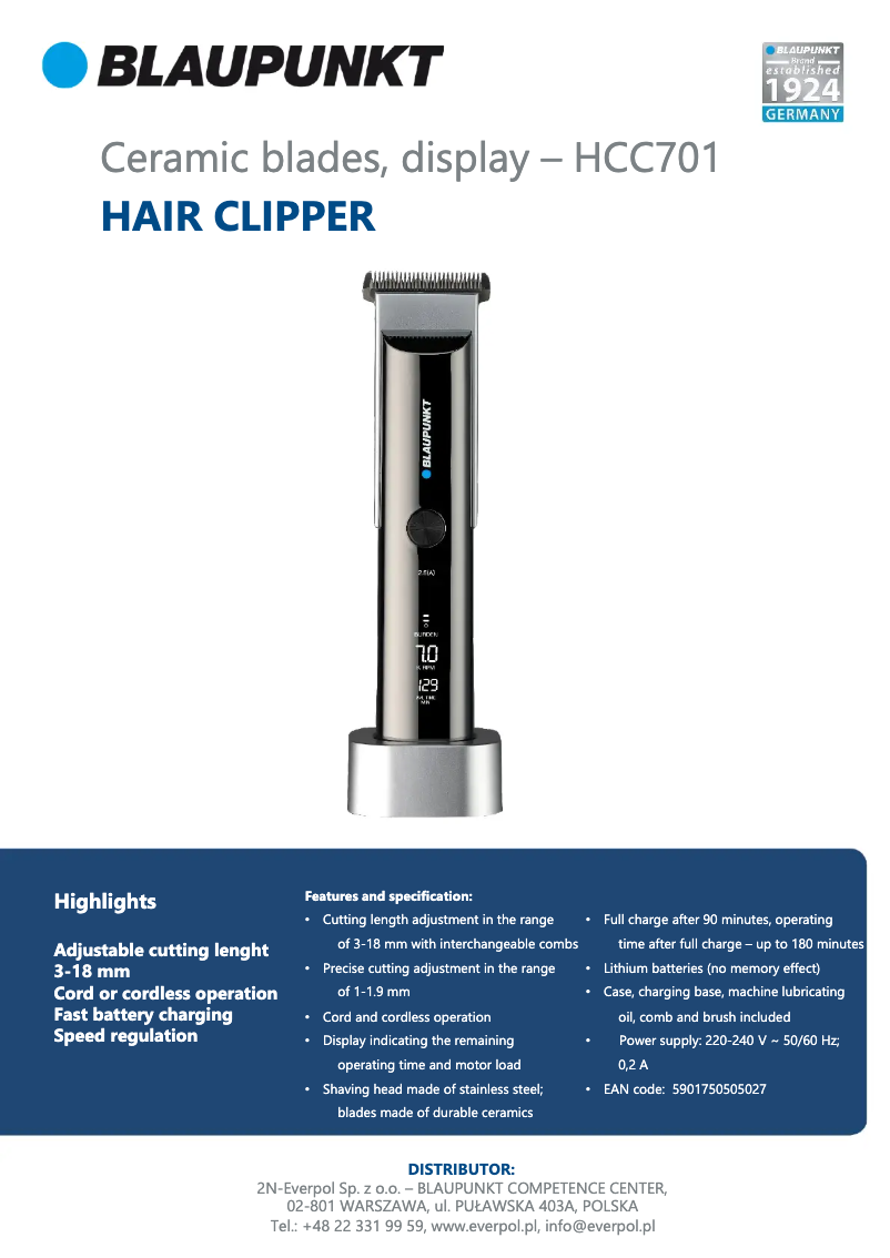 Page n°1 - Fiche technique Blaupunkt HCC701