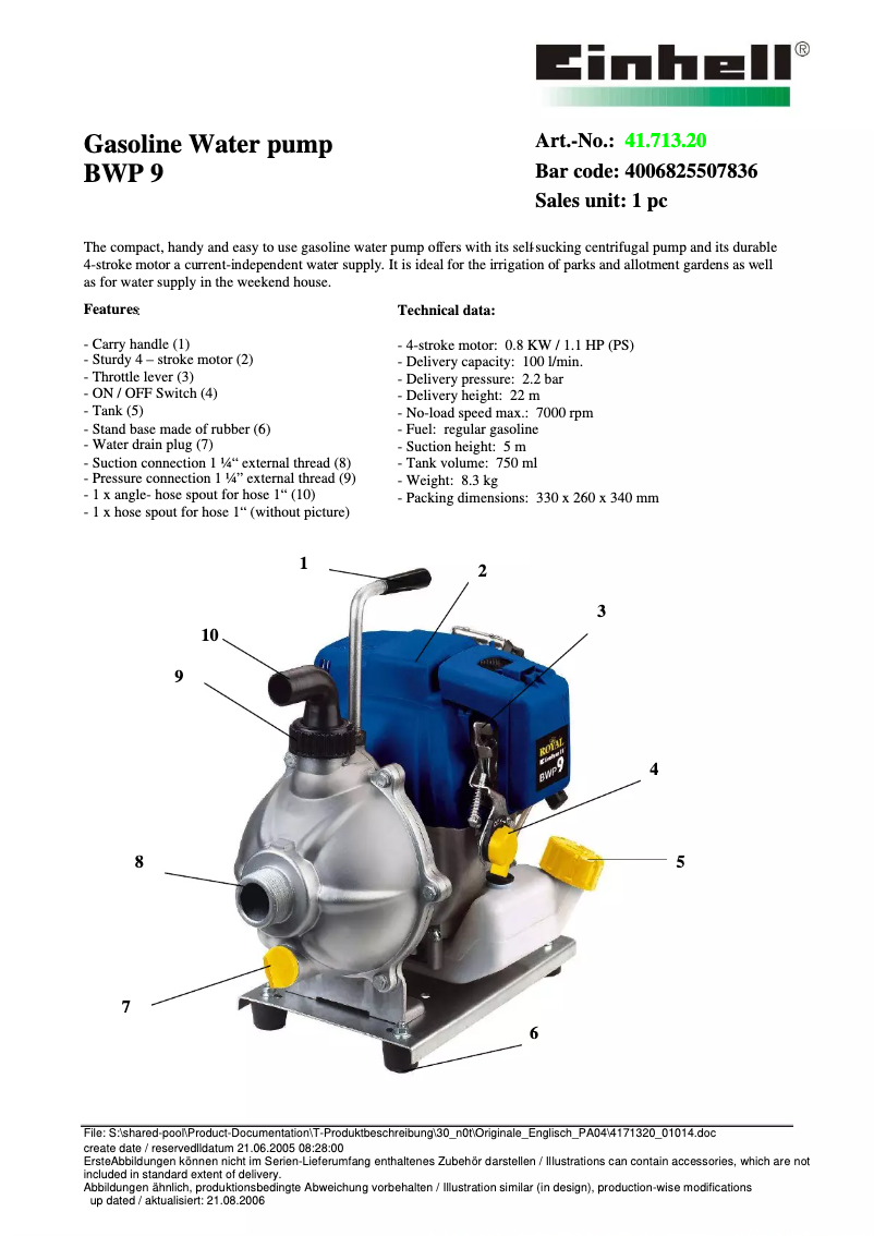 Page n°1 - Manuel utilisateur Einhell Royal BWP 9
