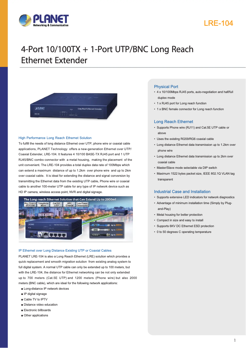 Page 1 de la notice Fiche technique Planet LRE-104