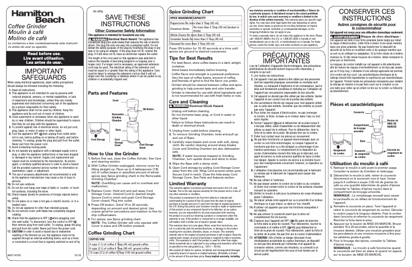 Page 1 de la notice Mode d'emploi Hamilton Beach 80335R