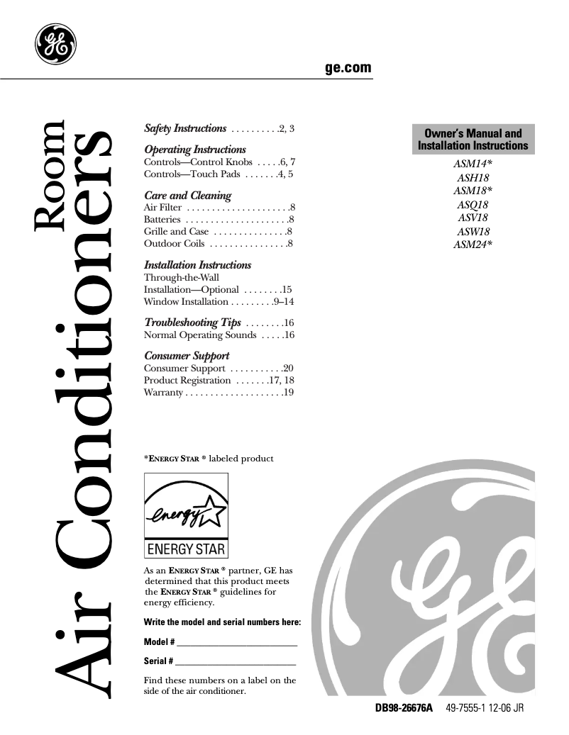 Page 1 de la notice Manuel d'utilisation et d'entretien GE ASH18DK