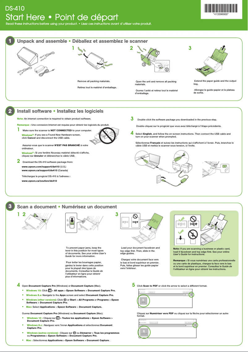 Page 1 de la notice Guide d'installation Epson DS-410
