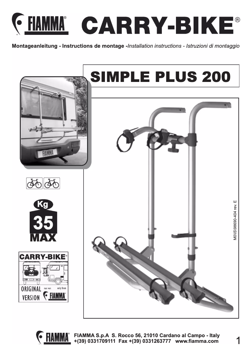 Page n°1 - Manuel utilisateur Fiamma Carry-Bike Simple Plus 200