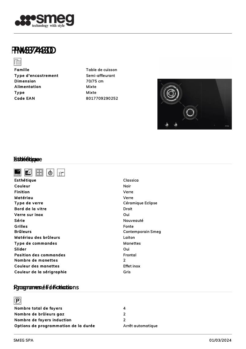 Page 1 de la notice Fiche technique Smeg PM3743D