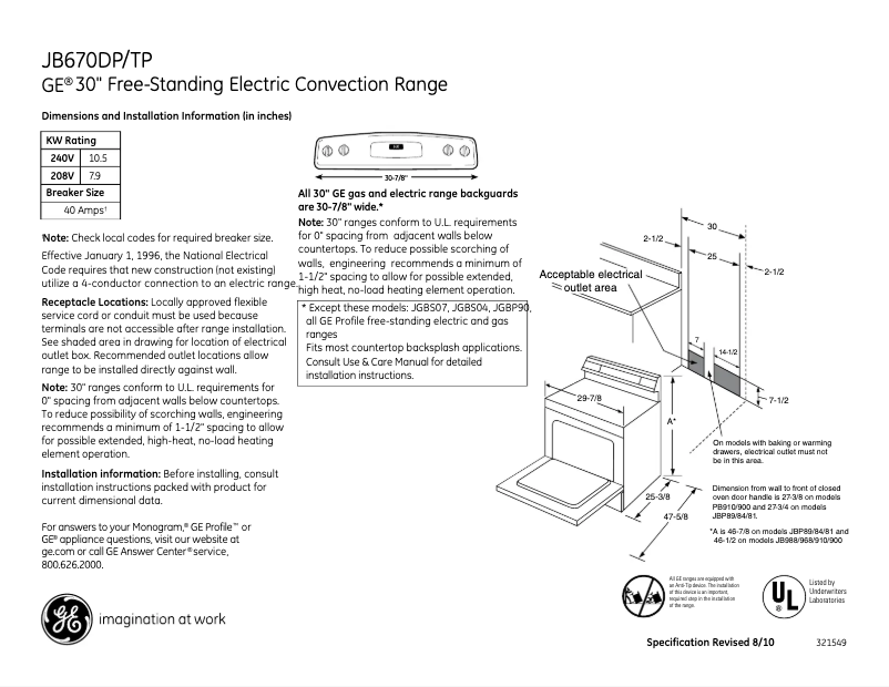 Página 1 del manual Ficha técnica GE JB670DPWW