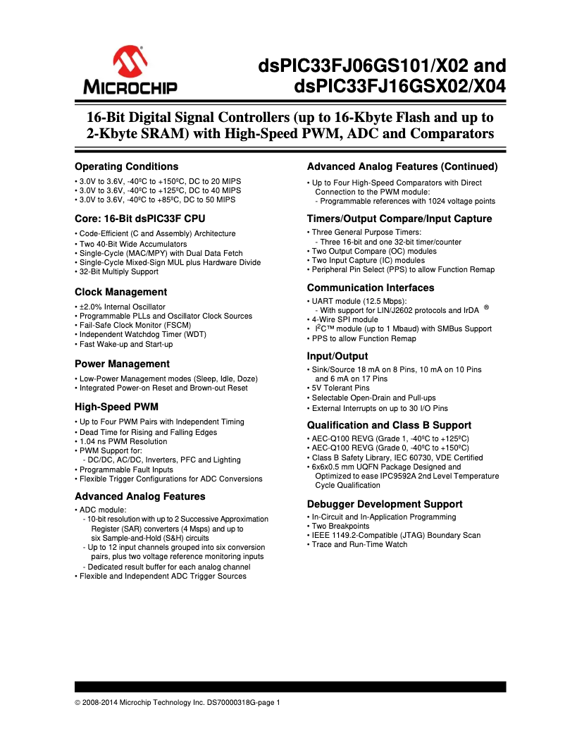 Page 1 de la notice Fiche technique Microchip DSPIC33FJ06GS202