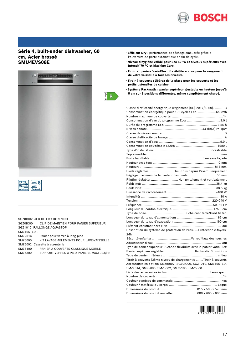 Page n°1 - Manuel utilisateur Bosch SMU4EVS08E