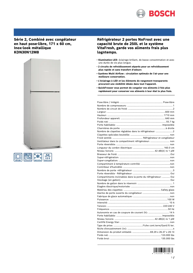 Page 1 de la notice Fiche technique Bosch KDN30N12M8