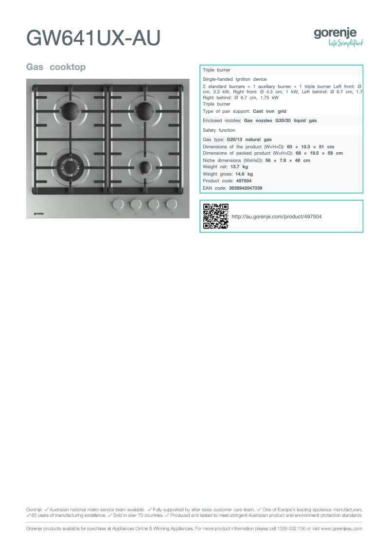 Page n°1 - Fiche technique Gorenje GW641UX-AU