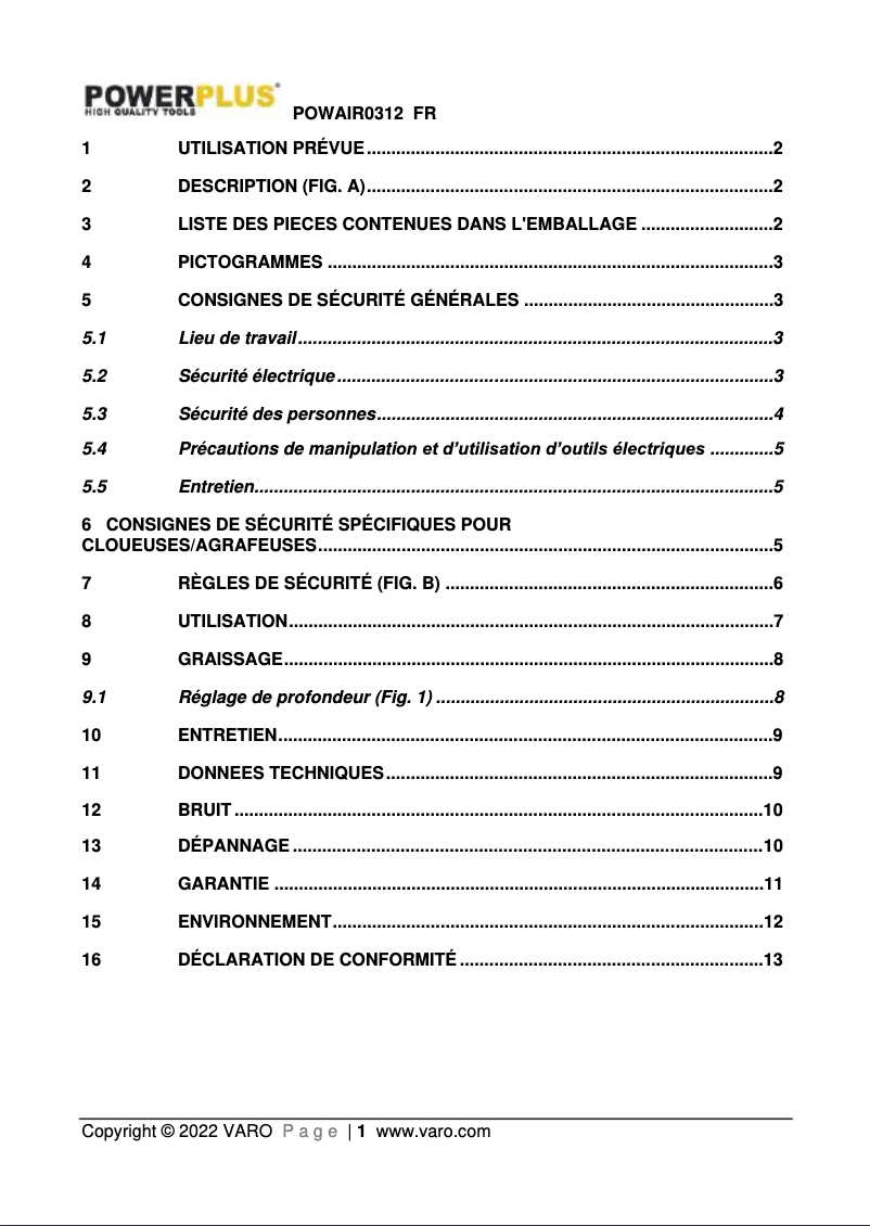 Page n°1 - Manuel utilisateur PowerPlus POWAIR0312