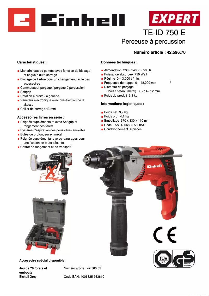 Page n°1 - Fiche technique Einhell TE-ID 750 E