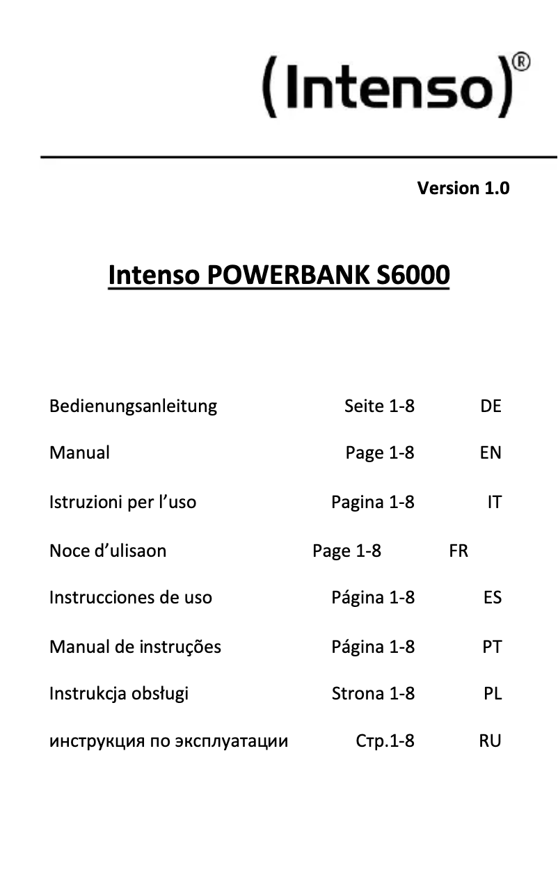 Page 1 de la notice Manuel utilisateur Intenso Powerbank S6000
