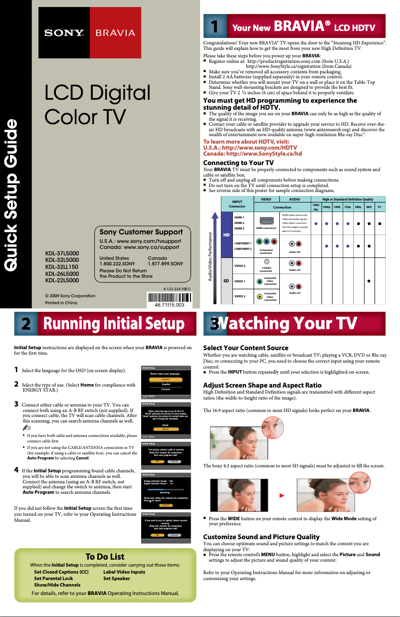 Page n°1 - Guide d'installation Sony Bravia KDL-26L5000