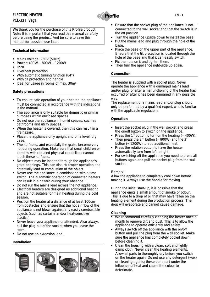 Page 1 de la notice Manuel utilisateur Profile PCL-321 Vega