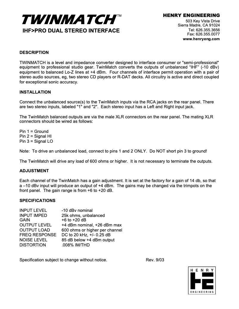 Page 1 de la notice Manuel utilisateur Henry Engineering TwinMatch