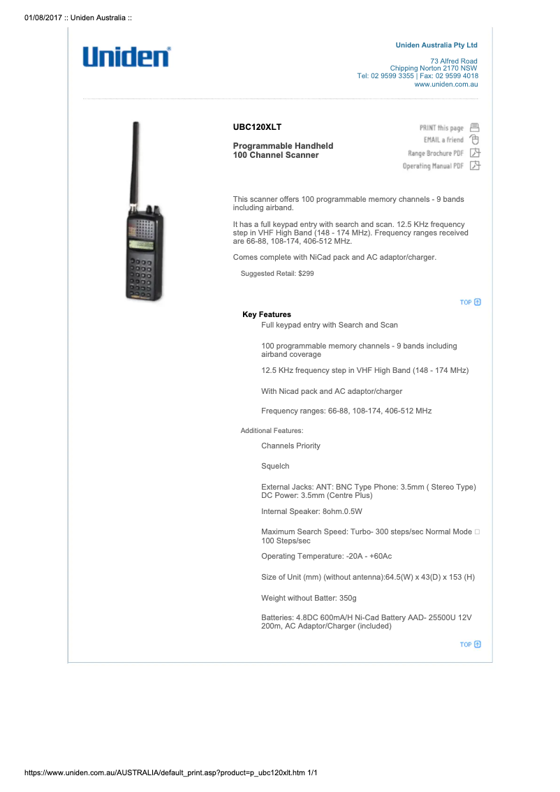 Page 1 de la notice Manuel utilisateur Uniden UBC120XLT