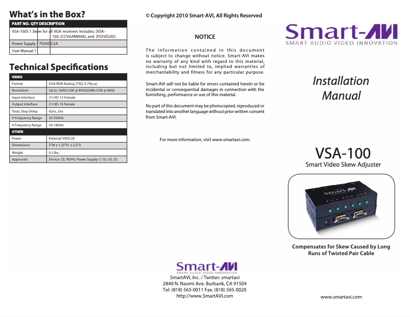 Page 1 de la notice Manuel utilisateur Smart-AVI VCA-RX100S