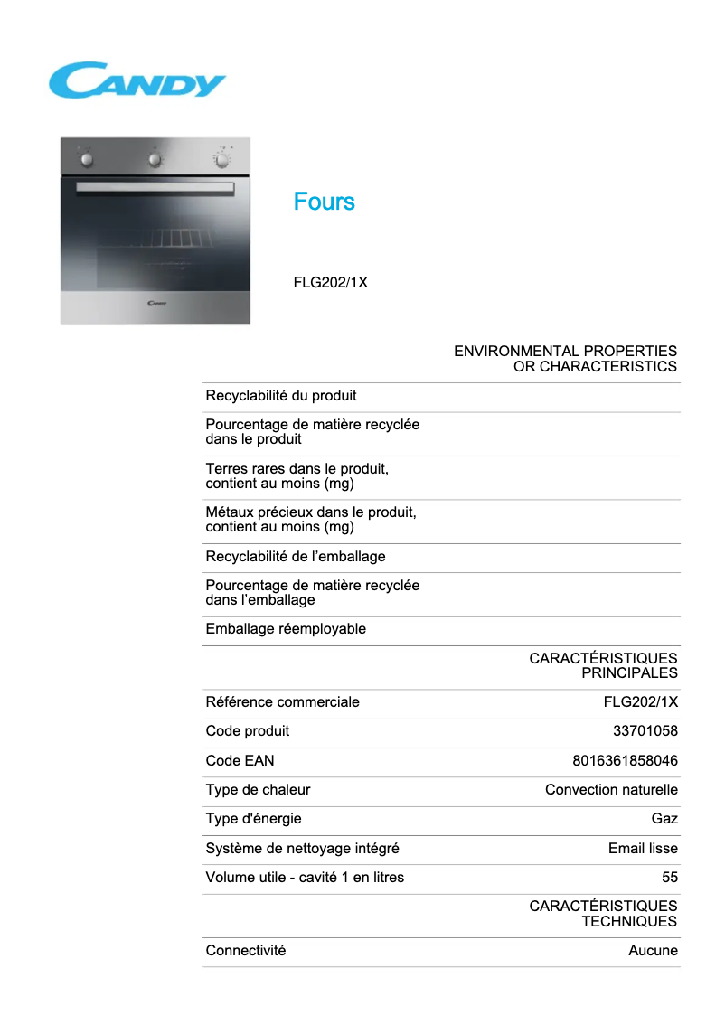 Page 1 de la notice Fiche technique Candy FLG202/1X