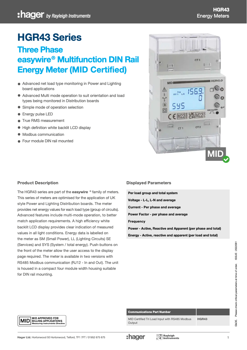 Page n°1 - Fiche technique Hager JKD164TM