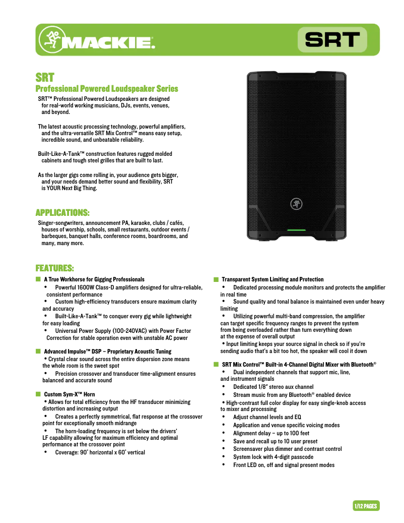 Page 1 of the manual Technical Sheet Mackie SRT212