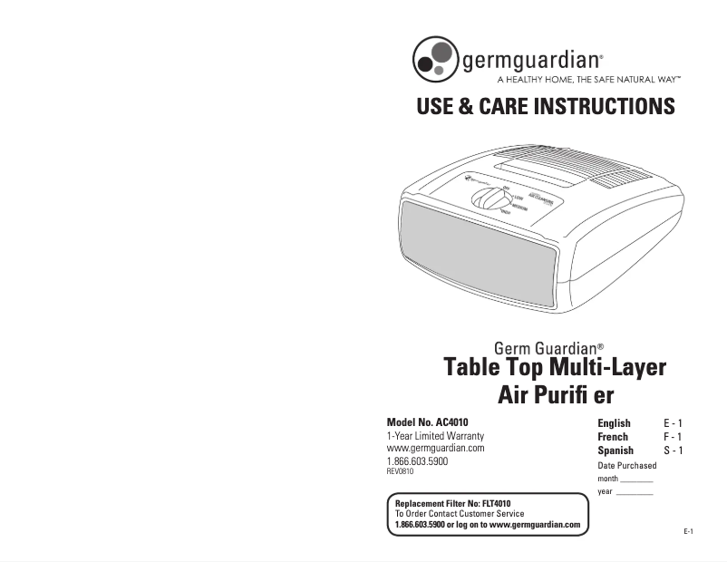 Page n°1 - Manuel utilisateur GermGuardian AC4010