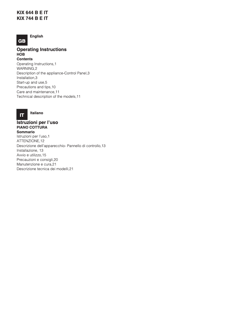 Page n°1 - Manuel utilisateur Hotpoint Ariston KIX 644 B E IT