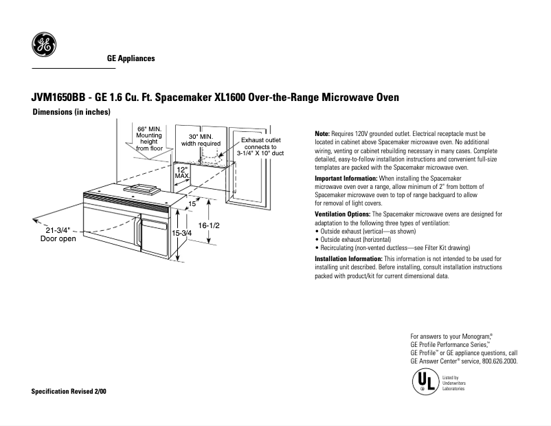 Page 1 de la notice Fiche technique GE JVM1650BB