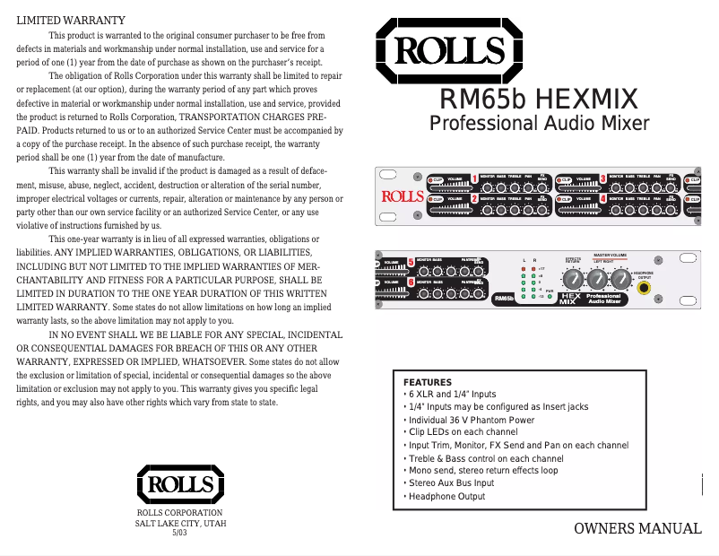 First page image of the manual for RM65B