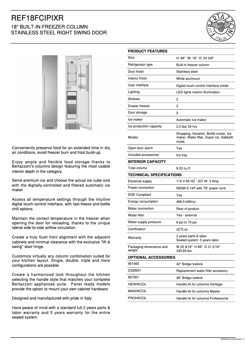 Page 1 de la notice Fiche technique Bertazzoni REF18FCIPIXR