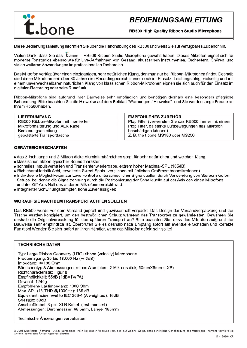 Page 1 de la notice Manuel utilisateur the t.bone RB500