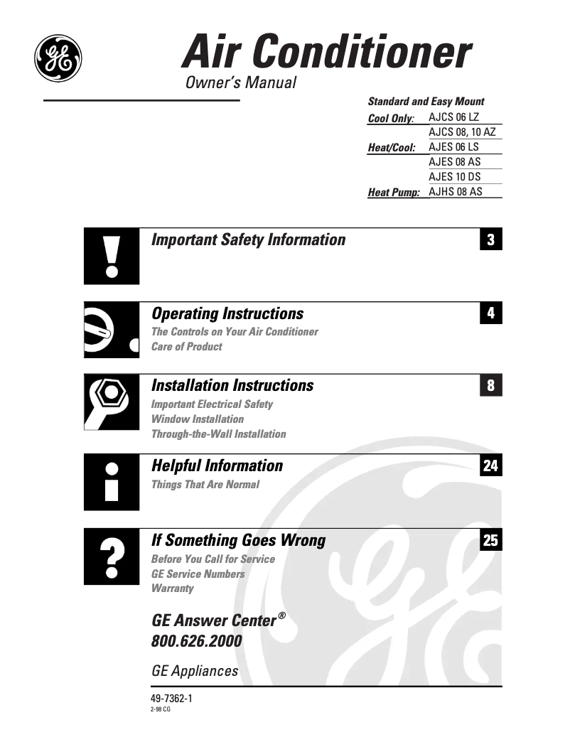 Page 1 de la notice Manuel d'utilisation et d'entretien GE AJES06LS