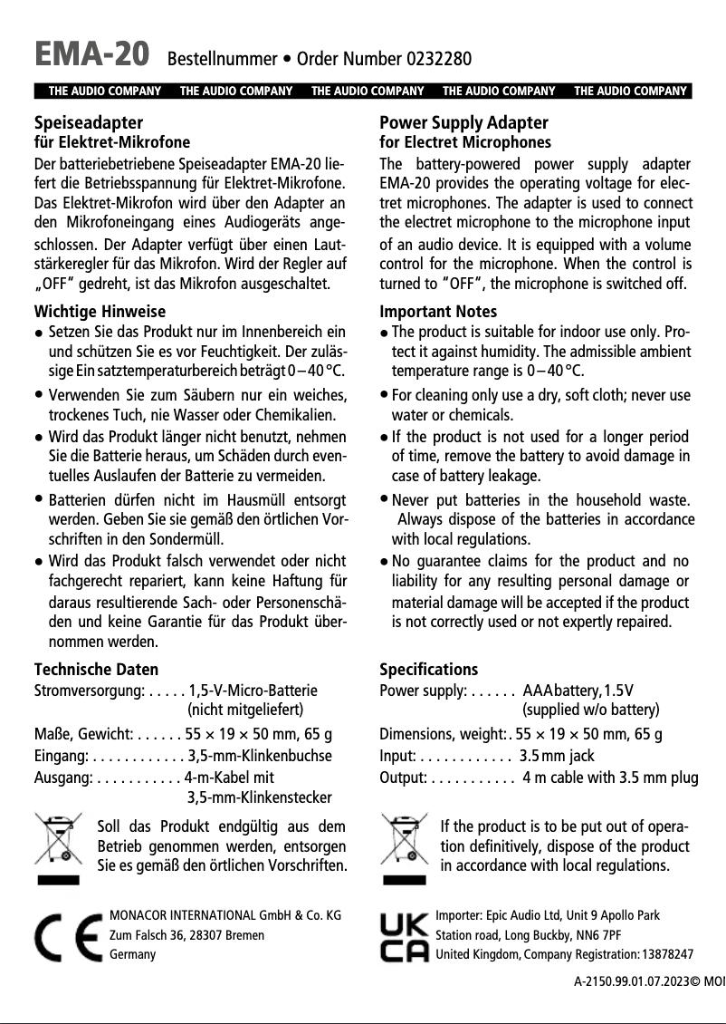 Page 1 de la notice Manuel utilisateur Monacor EMA-20
