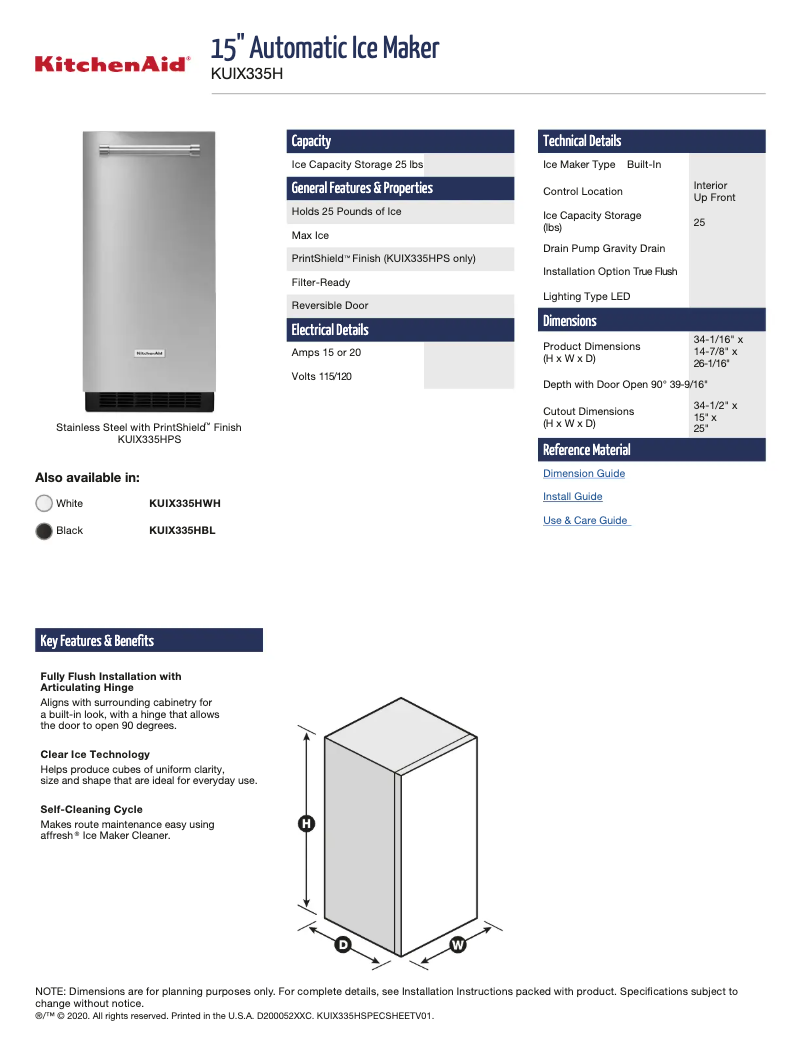 Page 1 de la notice Fiche technique KitchenAid KUIX335HPS