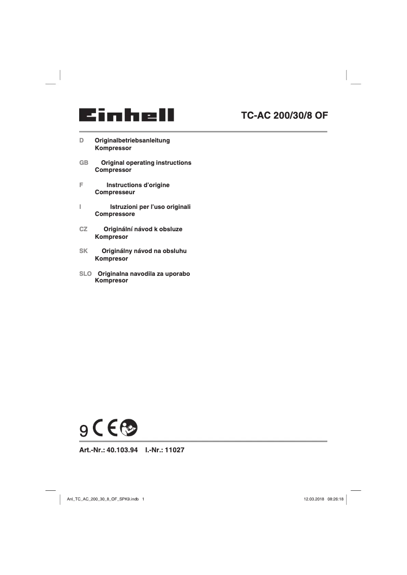 Page 1 de la notice Manuel utilisateur Einhell TC-AC 200/30/8 OF